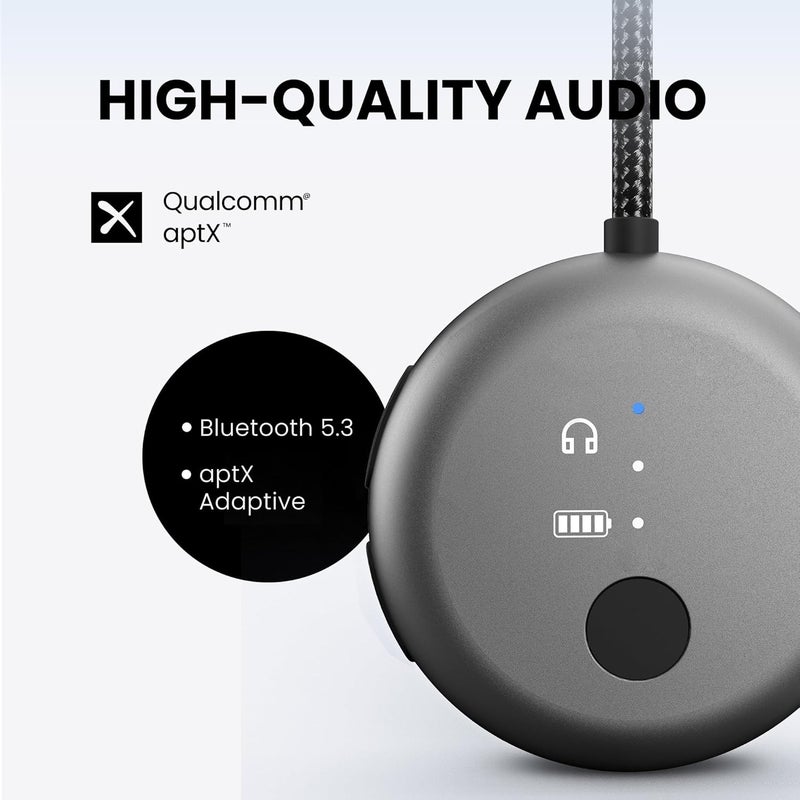 Avantree ساوندجيت R1 – محول بلوتوث للطائرات لمدة 25 ساعة لجميع AirPods (Pro/Max) مع شريحة كوالكوم و aptX Adaptive، ناقل صوت لاسلكي للسفر بالطائرة، يعمل مع سماعات Bose وغيرها من السماعات. - Image 2